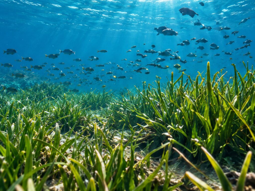 Pradera marina con un banco de peces y luz solar