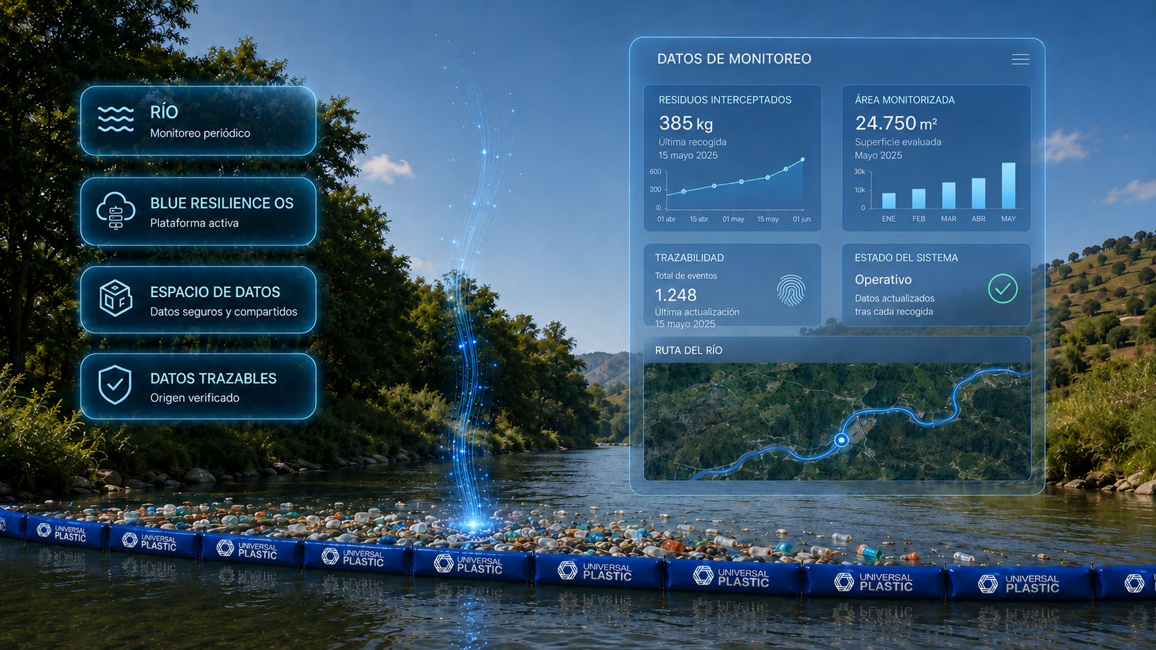 Barrera flotante en el río con panel de datos de monitoreo: residuos interceptados, área monitorizada y ruta del río