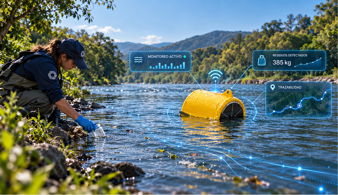 Técnica de Universal Plastic tomando una muestra de agua en un río junto a una boya de monitorización con datos de residuos y trazabilidad